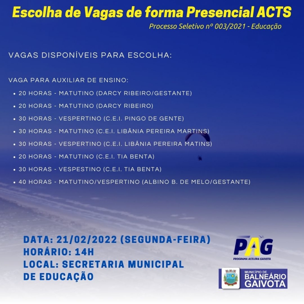 Escolha de Vagas de Forma Presencial ACTS Notícias Prefeitura