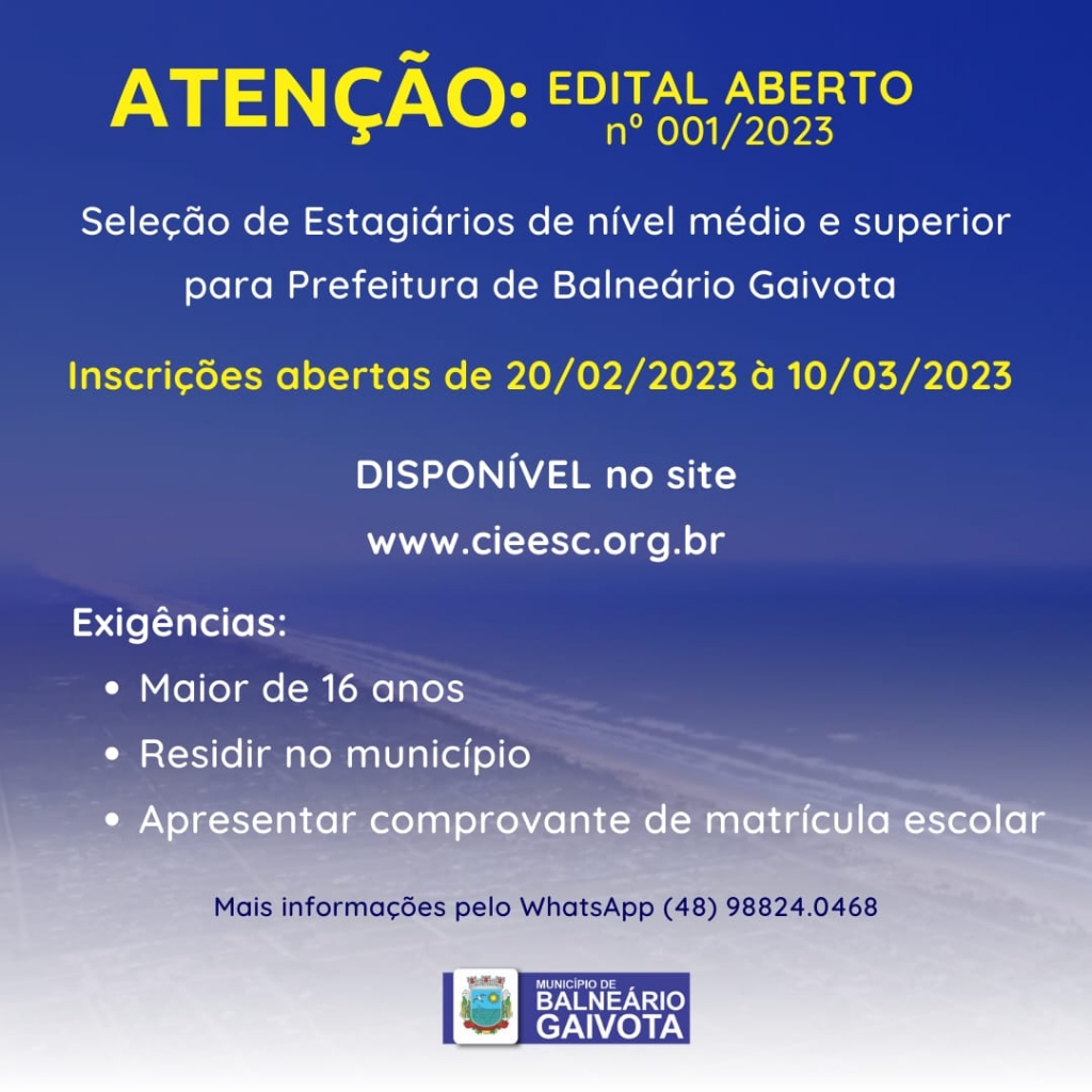 INSCRIÇÕES PARA ESTAGIÁRIOS 2023 Notícias Prefeitura Municipal de Balneário Gaivota INSCRIÇÕES PARA ESTAGIÁRIOS 2023 Notícias Prefeitura Municipal de Balneário Gaivota